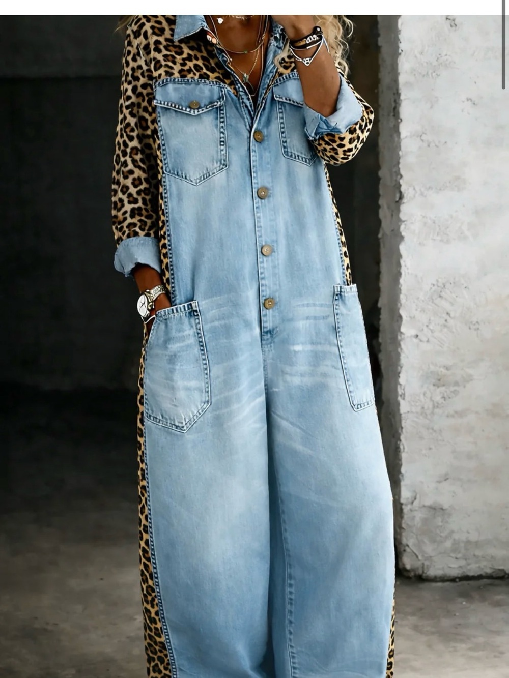 Light Blue Denim Jumpsuit with Leopard Trim - Women
